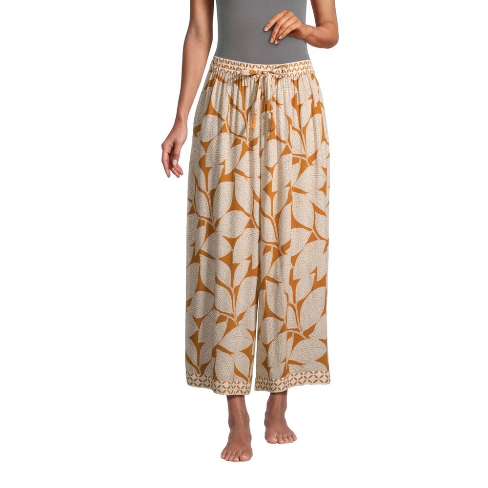 World Market-Arima-Mustard and Ivory Leaf Wide Leg Pajama Pants-Size Large